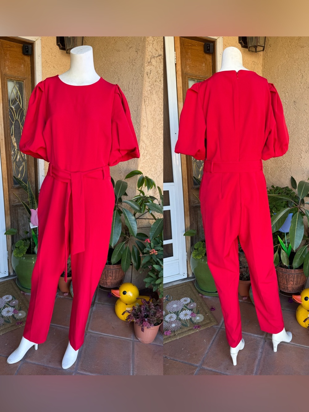 NEW New York & Company Puff-Sleeve Jumpsuit with Tie Belt LARGE